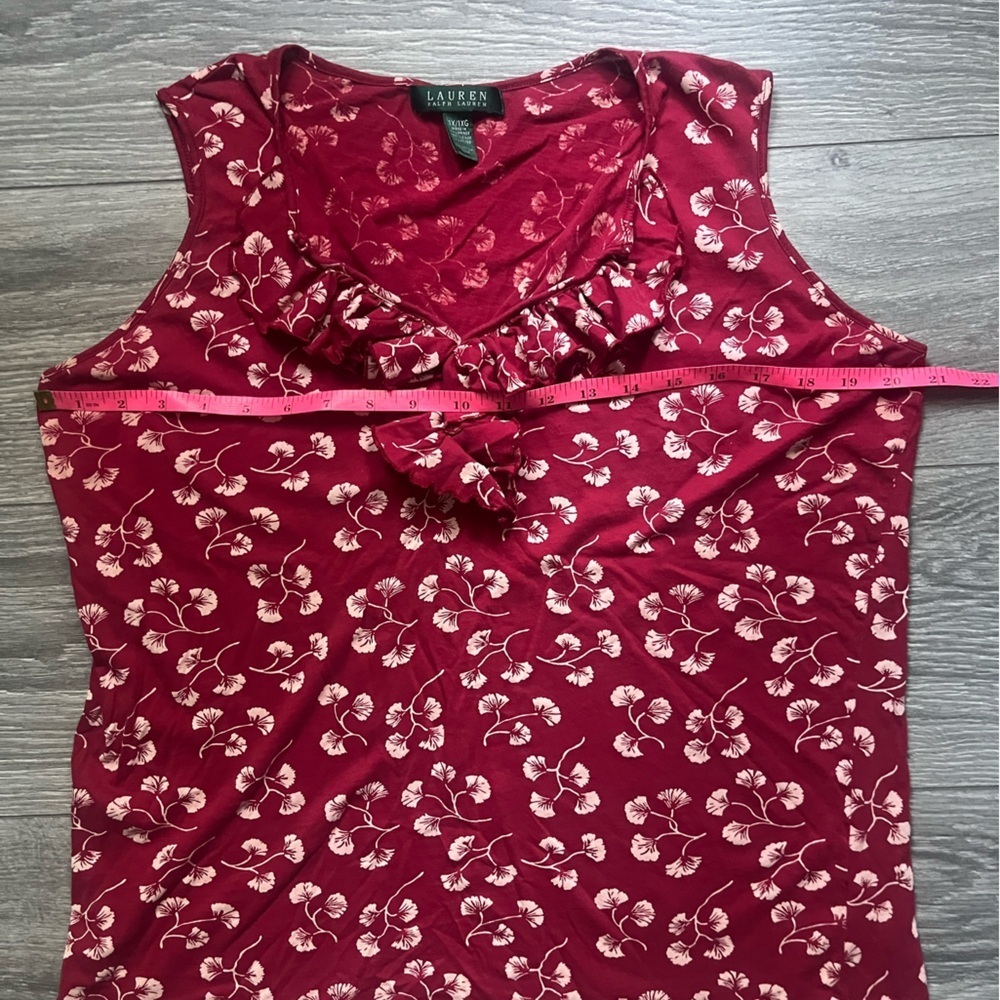 Lauren Ralph Lauren Red Cream Floral Ruffle Sleeveless Top Size XL Work Casual - Picture 6 of 7